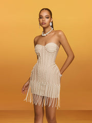 Reika Strapless Pearl Fringe Bandage Mini Dress