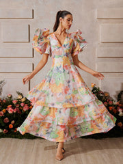 Rivyn V Neck Floral Printed Maxi Dress In Orange