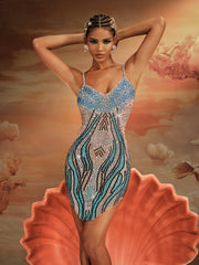 Roswitha Spaghetti Rhinestone Mini Dress In Blue