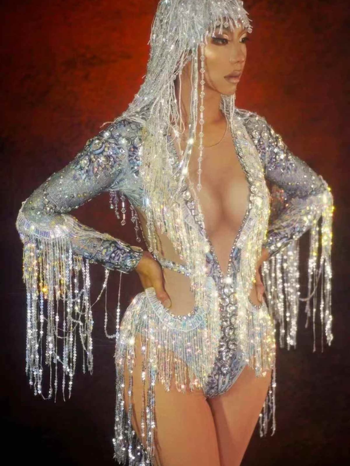 Ryxara Long Sleeve Fringe Embellished Bodysuit