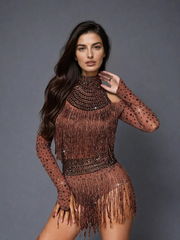 Safa Rhinestone Glitter Fringe Bodysuit