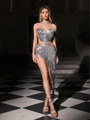 Sexara Strapless Fringe Crystal Skirt Set