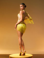 Shatora One Shoulder Rhinestone Fringe Bodysuit In Yellow