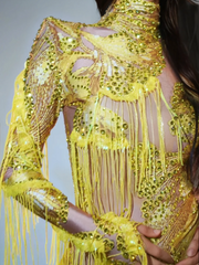 Shatora One Shoulder Rhinestone Fringe Bodysuit In Yellow