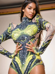 Shatoya Long Sleeve Rhinestone Printed Bodysuit