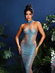 Shawnette Ombre Halterneck Rhinestone Maxi Dress In Blue