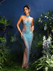 Shawnette Ombre Halterneck Rhinestone Maxi Dress In Blue