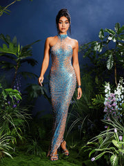 Shawnette Ombre Halterneck Rhinestone Maxi Dress In Blue