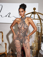 Siesen Cutout Cobweb Rhinestone Mesh Jumpsuit In Nude