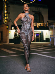 Siesen Cutout Cobweb Rhinestone Mesh Jumpsuit In Black
