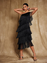 Stiorra One Shoulder Fringe Midi Dress