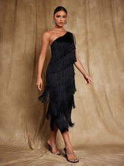 Stiorra One Shoulder Fringe Midi Dress