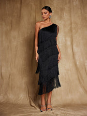 Stiorra One Shoulder Fringe Midi Dress