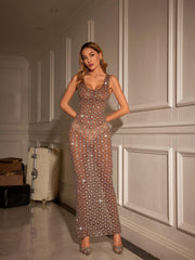 Syncere Hollow Rhinestone Mesh Maxi Dress