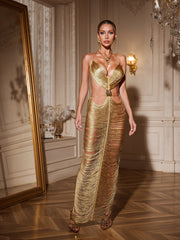 Taldrex Backless Fringe Cutout Maxi Dress In Gold