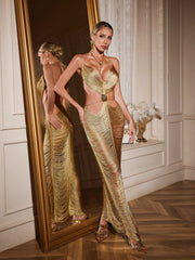 Taldrex Backless Fringe Cutout Maxi Dress In Gold