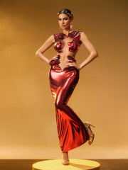 Taralynn Ruffle Ruched Metallic Skirt Set In Red