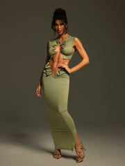 Taralynn Ruffle Ruched Skirt Set In Green