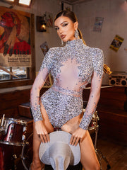 Thalorian High Neck Sequin Bodysuit In Silver