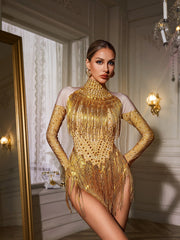 Tyxan High Neck Fringe Rhinestone Bodysuit