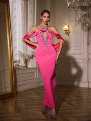 Uaelyth Halterneck Rhinestone Bandage Maxi Dress In Pink