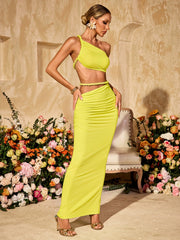 Valphyx Backless Cutout Ruched Skirt Set In Lime