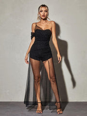 Vanita One Shoulder Mesh Romper Set In Black