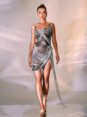 Verona Embellished Diamond Chain Dress In Black