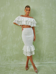 Wisteria Ruffle Off Shoulder Hollow Set In White