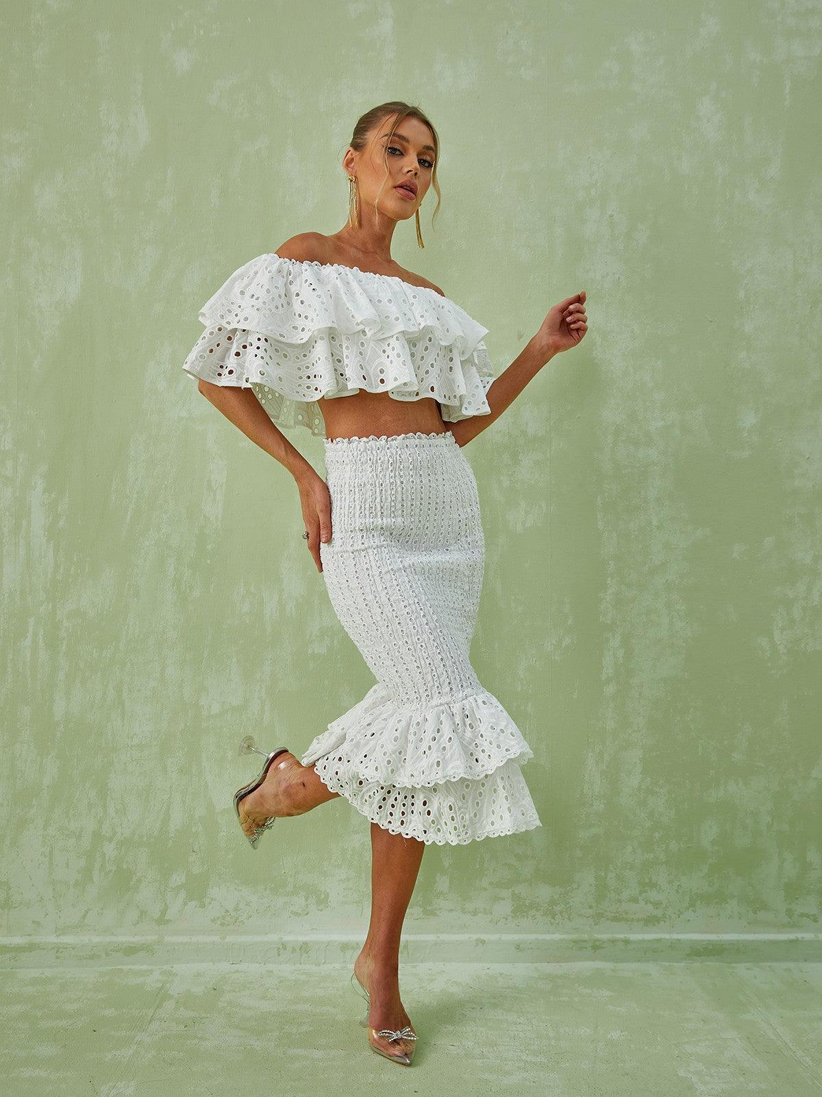 Wisteria Ruffle Off Shoulder Hollow Set In White