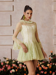 Xaeltric Bell Sleeve Lace Sequin Mini Dress