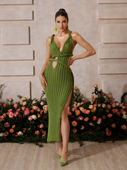 Xaelyx Plunge Neck Split Midi Dress In Olive