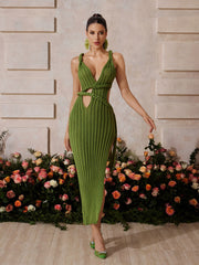 Xaelyx Plunge Neck Split Midi Dress In Olive