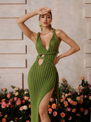 Xaelyx Plunge Neck Split Midi Dress In Olive