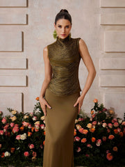 Xaldor High Neck Fringe Glitter Skirt Set