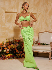 Xinia Spaghetti Ruched Skirt Set In Green