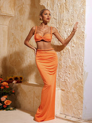 Xinia Spaghetti Ruched Skirt Set In Orange