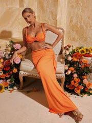 Xinia Spaghetti Ruched Skirt Set In Orange
