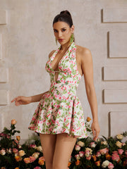 Xyrion Plunge Neck Floral Mini Dress