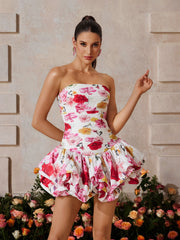 Rexmir Strapless Floral Bubble Mini Dress In Rose