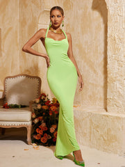Yasir Backless Ruched Maxi Dress In Green