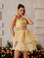 Zexmir One Shoulder Floral Tiered Mini Dress In Yellow
