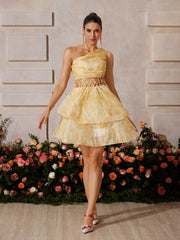 Zexmir One Shoulder Floral Tiered Mini Dress In Yellow