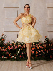 Zexmir One Shoulder Floral Tiered Mini Dress In Yellow