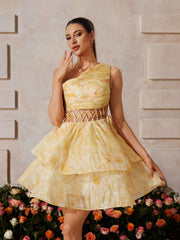Zexmir One Shoulder Floral Tiered Mini Dress In Yellow