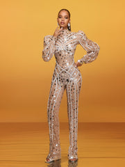 Zylar Long Sleeve Embellished Jumpsuit In Nude