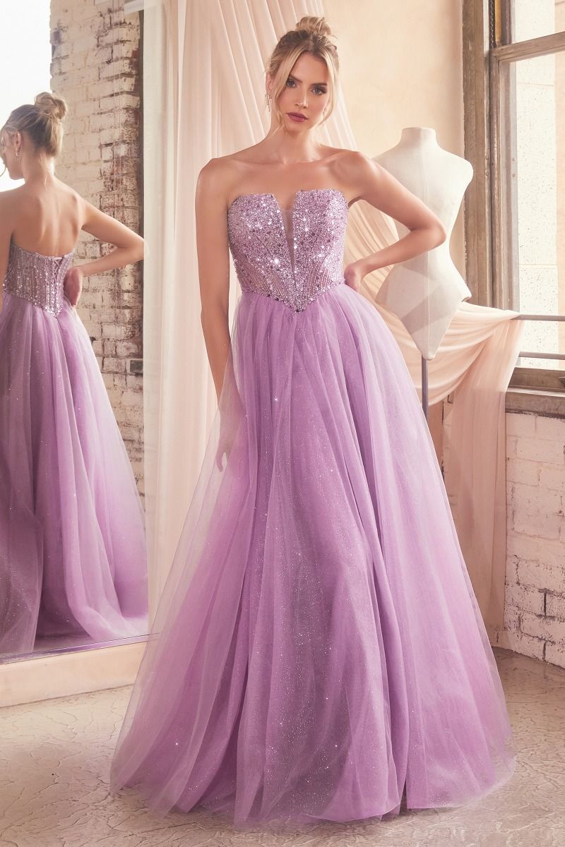 Cinderella Divine CD0217 Long Strapless A Line Sequin Glitter Tulle Skirt Dress