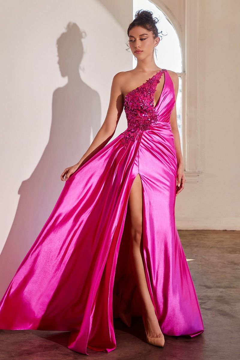 Cinderella Divine CDS454 Long One Shoulder Satin Beaded Lace Trim Dress