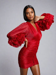 Anneline V Neck Ruched Mini Dress In Red